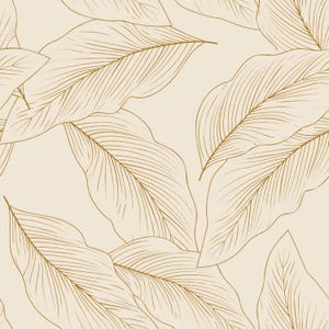 May include: A seamless pattern featuring delicate, gold-colored line art illustrations of overlapping tropical leaves set against a solid, light beige background. The design highlights intricate vein details on each leaf, creating a repeating botanical motif.