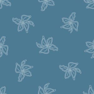May include: A seamless textile pattern featuring a repeating motif of white, dashed-line floral outlines set against a solid, muted blue background. The design consists of stylised, five-petaled flowers arranged in a consistent grid layout.