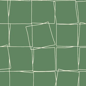 Peut inclure: Un fond vert sauge présentant un motif répétitif de contours de carrés blanc cassé dessinés à la main. Les carrés sont disposés en grille avec certaines lignes qui se chevauchent et sont légèrement inclinées, créant un aspect esquissé.