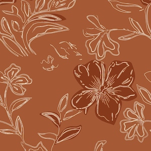 May include: A seamless pattern featuring a terracotta orange background with white line art illustrations of various flowers and leaves. Some floral elements are filled with a solid terracotta colour, creating a layered effect with the white outlines.