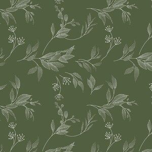 Olivgrönt botaniskt sömlöst mönster, minimal bladblommig upprepning (digital nedladdning)