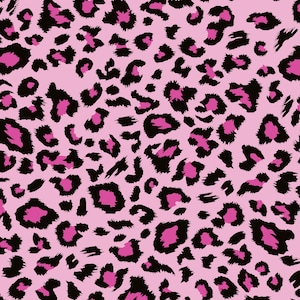 May include: A repeating animal print pattern featuring irregular black outlines surrounding vibrant pink spots set against a light pink background. The design consists of various sized shapes that mimic the natural markings of a leopard.