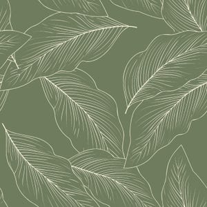 May include: A seamless pattern featuring large, overlapping botanical leaves outlined in thin white lines against a solid sage green background. The design displays intricate vein details on each leaf, creating a repeating natural motif.