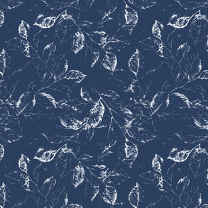 Nahtloses Muster mit indigoblauen Blättern, botanische Vintage-Skizze (Digitaler Download)