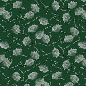 May include: A dark forest green fabric featuring a repeating pattern of white, finely detailed leaves and thin, bare twigs. The design is composed of delicate, cross-hatched lines that create a textured appearance across the entire surface.