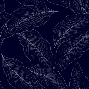 May include: A seamless pattern featuring light grey line art of large tropical leaves set against a solid dark navy blue background. The design highlights the intricate vein details of each leaf, creating a repeating botanical motif across the surface.