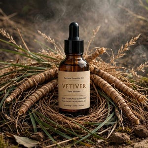 Puede incluir: Un frasco cuentagotas de vidrio ámbar con la etiqueta Riviere Essential Oil VETIVER Java Vetiver 10ml 100% Pure Essential Oil Steam Distilled Handcrafted in Java Grounding Earthy Artisan, rodeado de raíces y hierba de vetiver secas.