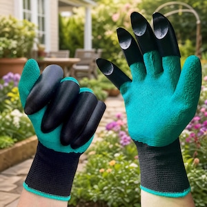 May include: A pair of gardening gloves featuring a vibrant teal fabric base with black, rigid, claw-like tips attached to each finger. The gloves have a snug, black elasticated wrist cuff that extends slightly up the forearm for a secure fit.