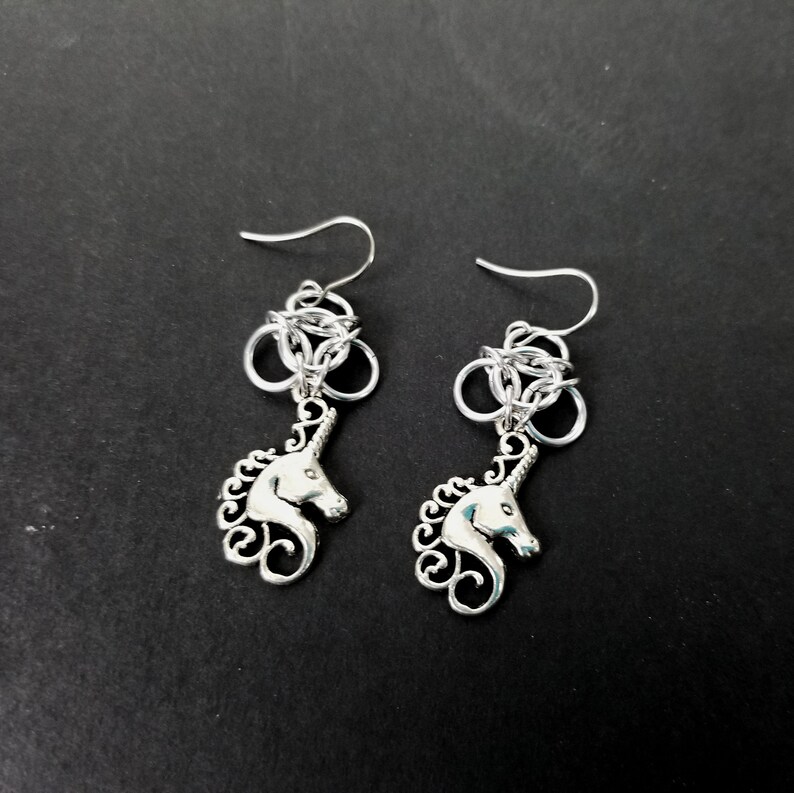 Chainmaille Trinity Earrings with Unicorn image 3