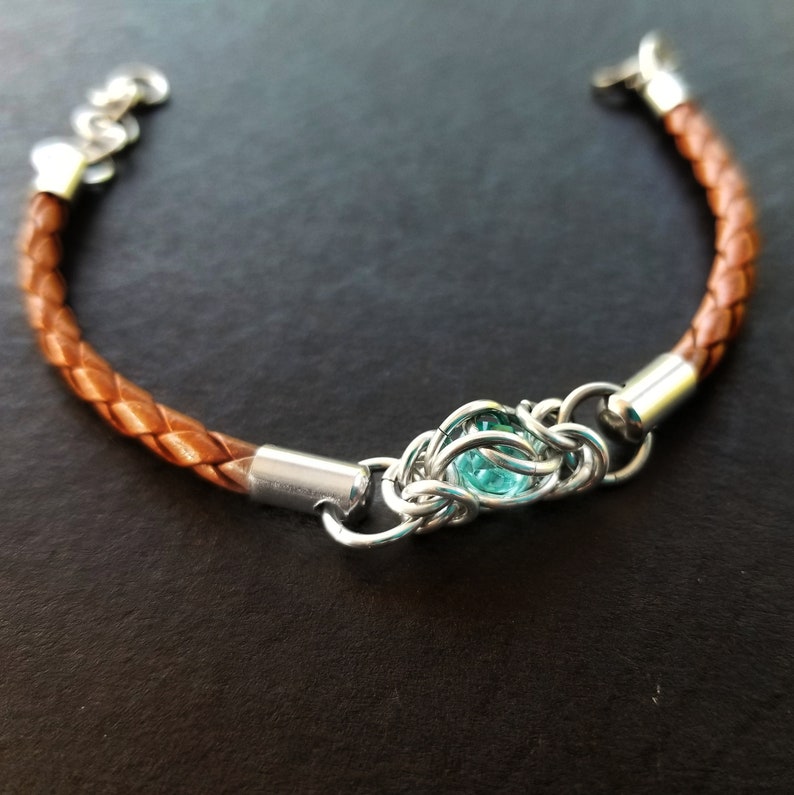 Chainmaille Leather Bracelet Captured bead bracelet image 4