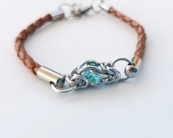 Chainmaille Leather Bracelet - Captured bead bracelet