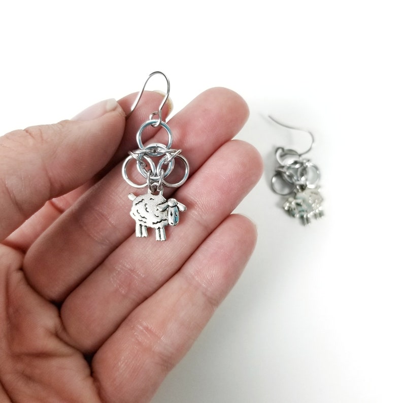 Chainmaille Trinity Earrings with Sheep image 2