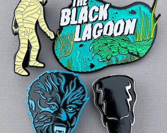 Universal Monsters Enamel Pin Bundle – Creature, Wolfman, Bride of Frankenstein Mummy Horror Movie Pins Halloween Pin Set Spooky Collectible