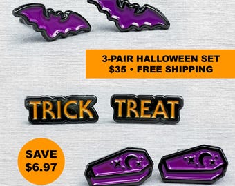 Gothic Bat Coffin Trick or Treat Earrings | Halloween Horror Jewelry Set