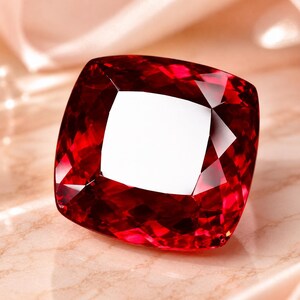 Könnte beinhalten: Ein Edelstein im Kissenschliff mit einer tiefen, leuchtend roten Farbe und einer facettierten Oberfläche. Der Stein weist eine markante weiße Lichtreflexion auf seiner Oberseite auf, die die Klarheit und geometrische Präzision betont.