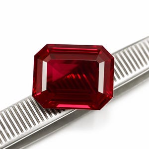 Puede incluir: Una gema de color rojo intenso y vibrante con corte esmeralda, que presenta facetas nítidas y limpias que reflejan la luz. La piedra rectangular está sujeta por unas pinzas de metal plateado con un agarre estriado y texturizado.