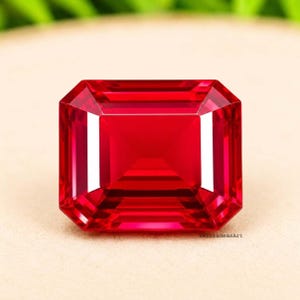 May include: A vibrant red gemstone with an emerald cut, featuring sharp rectangular facets and clear internal reflections. The stone displays a deep crimson hue with bright white light highlights along the edges and the text VeloraGemsArt.