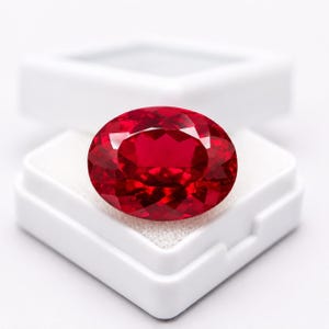Könnte beinhalten: Ein leuchtend roter Edelstein im Ovalschliff mit facettierter Oberfläche, die das Licht reflektiert, präsentiert in einer kleinen, quadratischen weißen Kunststoff-Aufbewahrungsbox mit einer strukturierten weißen Schaumstoffeinlage.