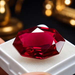 May include: A large, faceted, deep red gemstone with a hexagonal shape. The stone features multiple triangular and trapezoidal facets that reflect light, creating a brilliant, translucent appearance. It is displayed resting on a white square base.