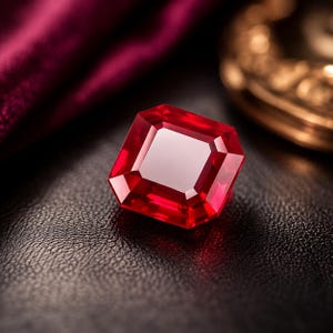 Può includere: Una pietra preziosa sfaccettata di forma quadrata con un colore rosso intenso e vibrante. La pietra presenta una superficie lucida con molteplici sfaccettature geometriche che riflettono la luce, creando bordi netti e un aspetto trasparente.