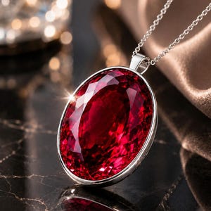Puede incluir: Un collar con colgante que presenta una gran piedra preciosa de color rojo intenso y corte ovalado, engastada en un marco de metal plateado pulido. La piedra facetada muestra un tono carmesí brillante, suspendida de una fina cadena plateada.