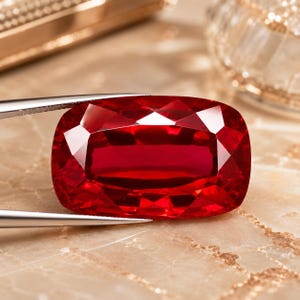 Op de afbeelding: Een levendige, dieprode edelsteen met een kussenslijpsel en een veelzijdig oppervlak, vastgehouden door een zilverkleurige metalen pincet. De steen vertoont intense verzadiging en helderheid en reflecteert licht over de gepolijste facetten.