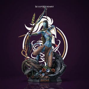 May include: A detailed blue-skinned Na'vi character figurine from Avatar, posed in a dynamic crouch while drawing a bow and arrow. The figure features intricate tribal markings, a brown loincloth, and is mounted on a dark, textured base.