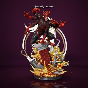 May include: A detailed collectible figurine of a multi-armed, cyclopean creature with black and red skin, perched atop a brick pillar surrounded by golden smoke and debris. The text SculptAlchemist is visible at the top of the dark purple background.