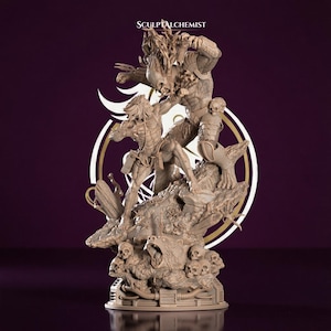 May include: A beige resin sculpture depicting a dynamic battle scene between a humanoid figure and a creature with dreadlocks. The base features multiple skulls and a bear head. The text SCULPTALCHEMIST is visible at the top of the figure.