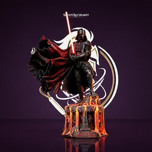 May include: A detailed Darth Vader figurine standing on a base resembling molten lava with glowing orange accents. The figure wears a black suit and cape, holding a bright red lightsaber. The text SculptAlchemist is visible at the top.