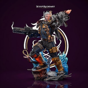 May include: A detailed collectible figurine of a character with white hair, wearing blue and black tactical gear with brown pouches, holding two large futuristic firearms. The base features debris and blue energy effects, with the text SCULPTALCHEMIST above.