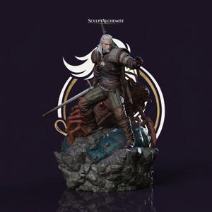 May include: A detailed figurine of a white-haired warrior in chainmail and leather armor, holding a sword and standing on a rocky base with a creature. The text SCULPTALCHEMIST is visible at the top. The warrior wears brown boots and pants.
