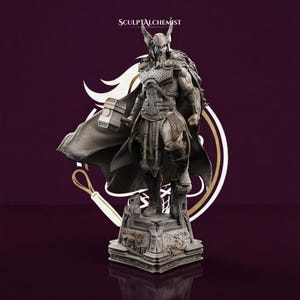 May include: A grey, detailed figurine of a winged warrior standing on a pedestal, holding a large hammer. The figure wears ornate armor, a flowing cape, and a helmet with prominent wings. The text SCULPTALCHEMIST is visible at the top center.