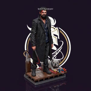 May include: A collectible figurine of a bearded man with blood on his face, wearing a black leather coat, dark shirt, and boots. He holds a red crowbar. Beside him sits a white bulldog on a wooden platform with a small toy doll nearby.
