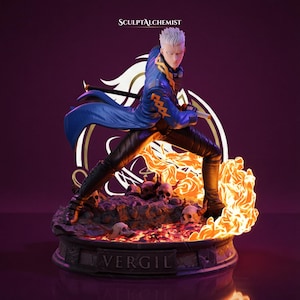 May include: A detailed figurine of a character in a dynamic pose, clad in a blue coat with gold accents and black pants. The figure stands on a base with skulls and flames, with the name "VERGIL" inscribed. The Sculptalchemist logo is visible.