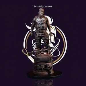 May include: A detailed statue of a figure in tactical gear, standing atop a base adorned with skulls. A rifle and duffel bag rest at the figure's feet. The statue is dark in color, with the text "SCULPTALCHEMIST" at the top.
