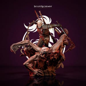 May include: A detailed sculpture depicting a figure in combat with a monster, set against a dark purple background. The figure, with white hair, is clad in armour and wielding a sword. The monster is a grotesque creature with large wings and sharp teeth. The text "SCULPTALCHEMIST" is at the top.