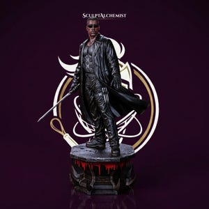May include: A detailed figurine of a character wearing a long black leather-style trench coat, dark sunglasses, and tactical pants, holding a silver sword. The figure stands on a hexagonal base with red paint drips, featuring the text SculptAlchemist.