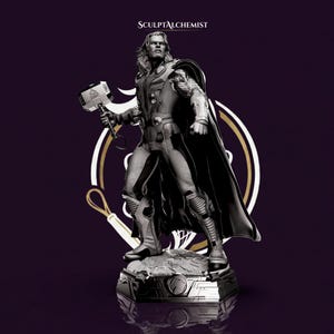 May include: A monochromatic gray figurine of a long-haired warrior wearing armor and a cape, holding a rectangular hammer in the right hand. The figure stands on a textured base. The text SCULPTALCHEMIST is printed in white above the figure.