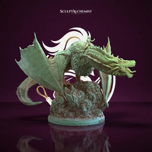 May include: A light green resin miniature of a dragon with large, textured wings and an open mouth, perched on a rocky base. A small figure sits on the dragon's back. The text SCULPTALCHEMIST is visible at the top centre of the image.