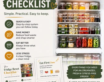 Lista de verificación imprimible para reiniciar el refrigerador en 15 minutos, guía de organización del refrigerador, planificador de almacenamiento de alimentos, PDF de limpieza de la cocina, reduce el desperdicio de alimentos.