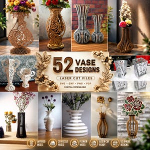 Paquete de 52 diseños de jarrones de flores / Rompecabezas 3D en capas cortado con láser (descarga digital)