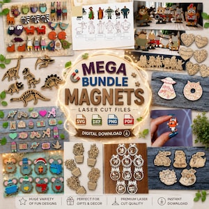 Op de afbeelding: Een digitaal downloadpakket met lasersnijbestanden voor magneten, met een grote verscheidenheid aan houten vormen zoals dieren, dinosaurussen, harten en seizoensgebonden iconen. De centrale afbeelding toont de tekst MEGA BUNDLE MAGNETS LASER CUT FILES.