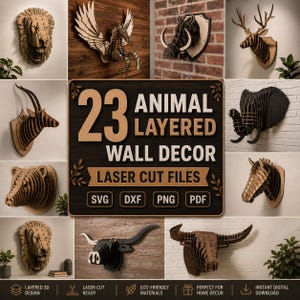 Puede incluir: Una colección de 23 archivos de corte láser para decoración de pared en capas con varias cabezas de animales como león, pegaso, jabalí, ciervo, antílope, elefante, caballo, oso y toro, en formatos digitales SVG, DXF, PNG y PDF.