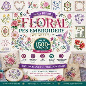 Może przedstawiać: Cyfrowa kolekcja wzorów haftu kwiatowego zatytułowana Mega Bundle Floral PES Embroidery Volume 1 & 2, zawierająca ponad 1500 wzorów, ilustrację kolibra oraz różne motywy kwiatowe na białym tle z tekstem.