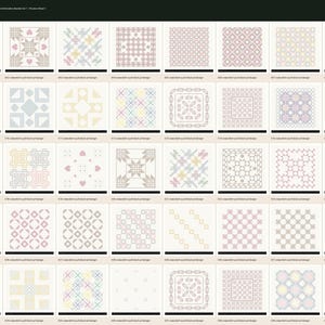 May include: A digital collection of forty square embroidery quilt block designs arranged in a grid. Each square features distinct geometric patterns in soft pastel shades of pink, yellow, blue, and grey on a white background with text labels.