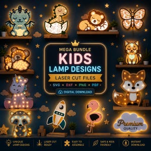 Può includere: Una collezione di design di lampade illuminate a forma di animali e oggetti, tra cui un drago, un dinosauro, un leone, una farfalla, un orso, un unicorno, un procione, un razzo, un fenicottero e una volpe. Il testo centrale recita MEGA BUNDLE KIDS LAMP DESIGNS LASER CUT FILES.