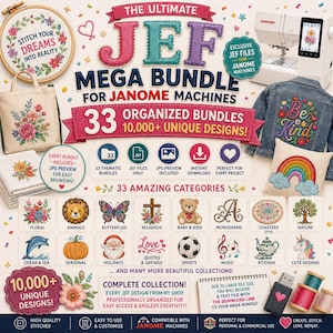 Può includere: Una pubblicità di prodotto digitale per The Ultimate JEF Mega Bundle per macchine Janome, con 33 pacchetti organizzati e oltre 10.000 disegni da ricamo unici. L'immagine mostra vari articoli ricamati come una borsa, una giacca di jeans e un cuscino, insieme a icone che rappresentano categorie come floreale, animali e festività, oltre a una chiavetta USB e rocchetti di filo.