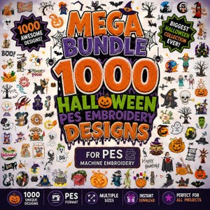Peut inclure: Une collection numérique de 1000 motifs de broderie PES sur le thème d'Halloween avec des citrouilles, des fantômes, des squelettes, des chauves-souris et des sorcières. Le texte central indique Mega Bundle 1000 Halloween PES Embroidery Designs.