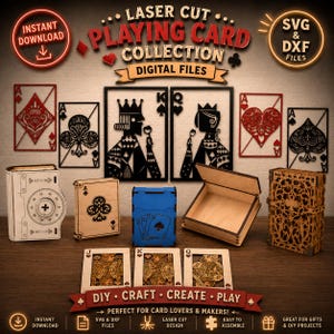 Peut inclure: Une collection numérique de motifs de cartes à jouer découpés au laser, incluant des fichiers SVG et DXF. L'image présente divers objets en bois sur le thème des cartes, dont des décorations murales, une boîte et des découpes, avec le texte : LASER CUT PLAYING CARD COLLECTION, DIGITAL FILES, DIY CRAFT CREATE PLAY.
